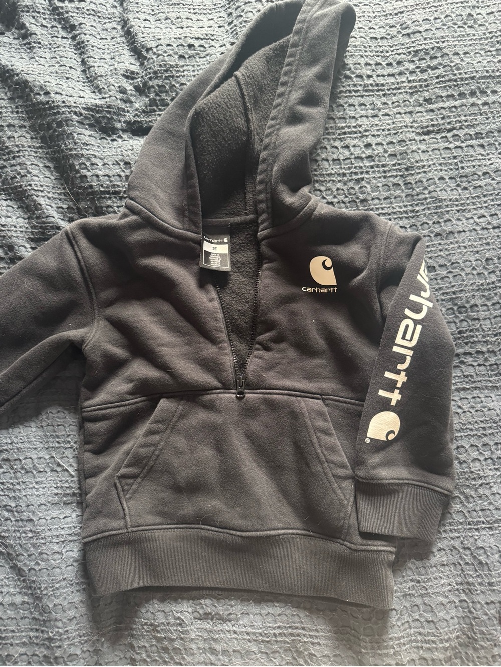 Carhartt Kids Black Hooded Half-Zip Sweatshirt with Logo Sleeve